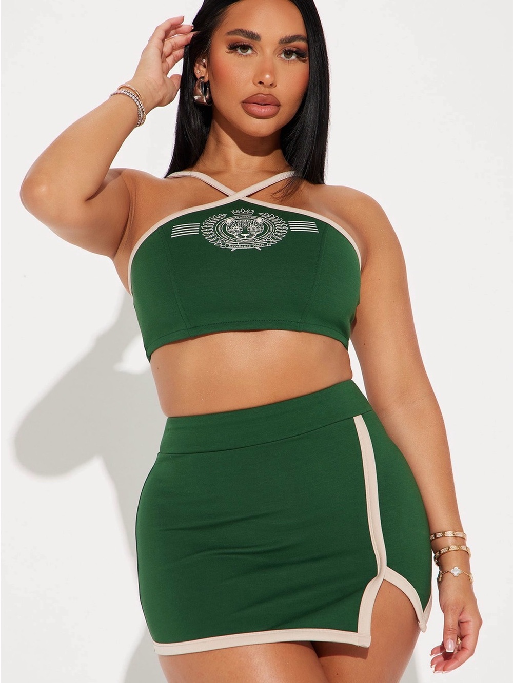 Green High-Waist Mini Skirt Set